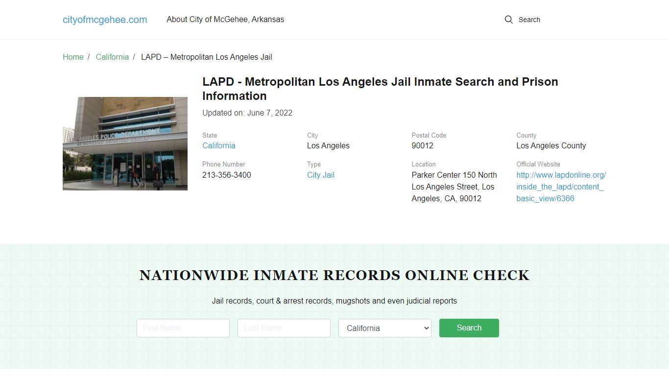 LAPD - Metropolitan Los Angeles Jail Inmate Search, Visitation, Phone ...